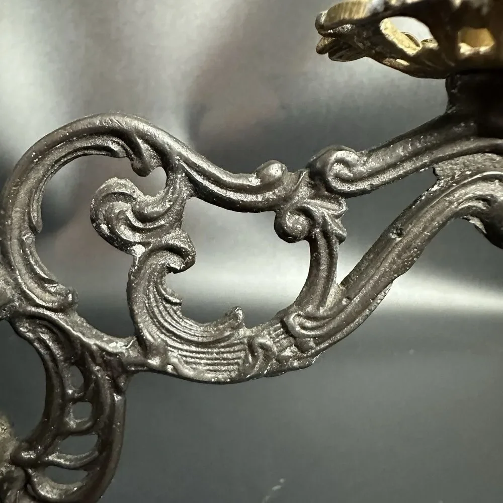 Vintage French Spelter 3 Arm Ornate Candelabra Gilt Brass Holder 8”